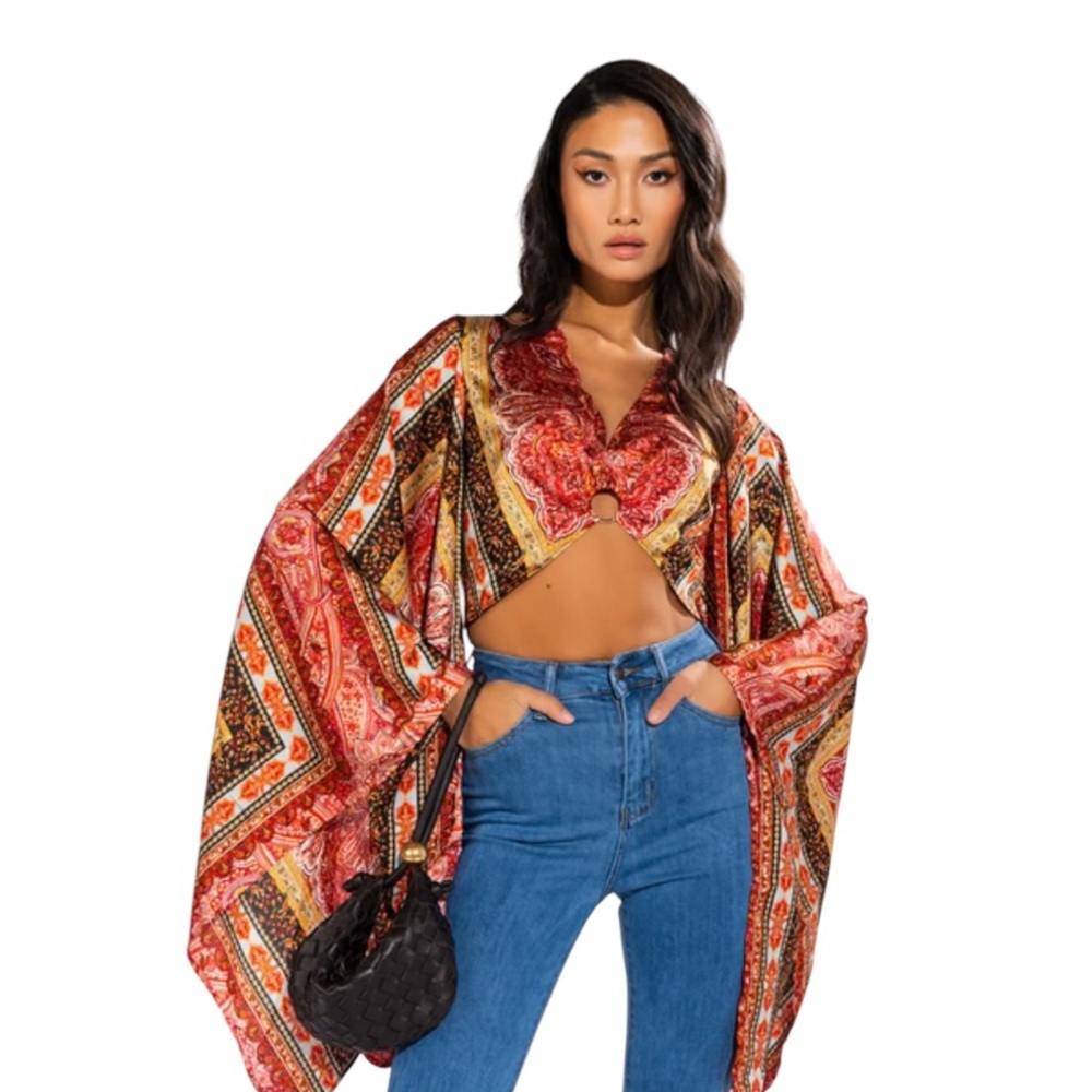 Truth NYC Bohemian Fire Bird Red and Orange Multi-Colored Boho Crop Top